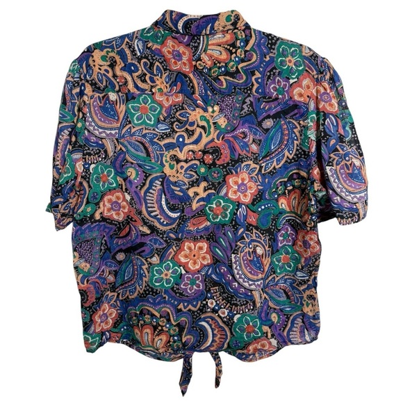 Vintage Paisley Tie Front Shirt Size Medium Cotton Boho Short Sleeve Top - Picture 2 of 6